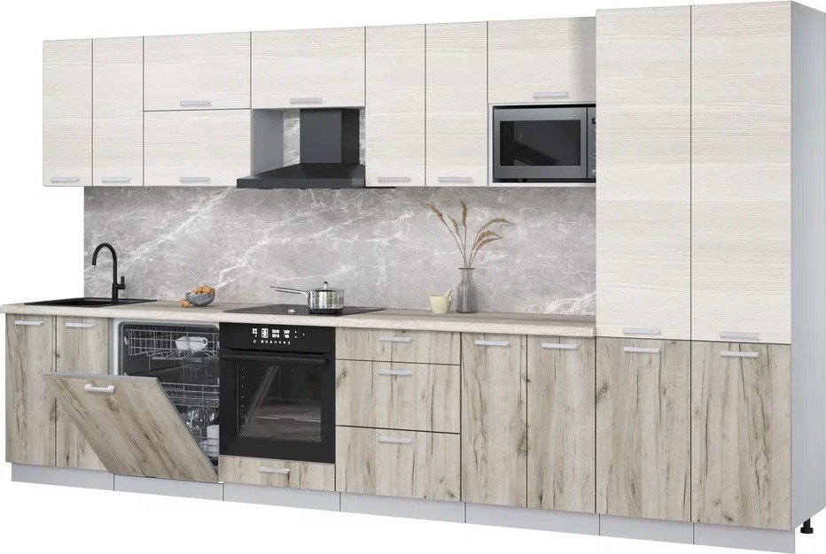 

Готовая кухня Интерлиния Мила Лайт 3.8-ПМ2 (вудлайн кремовый/дуб серый/травертин серый)