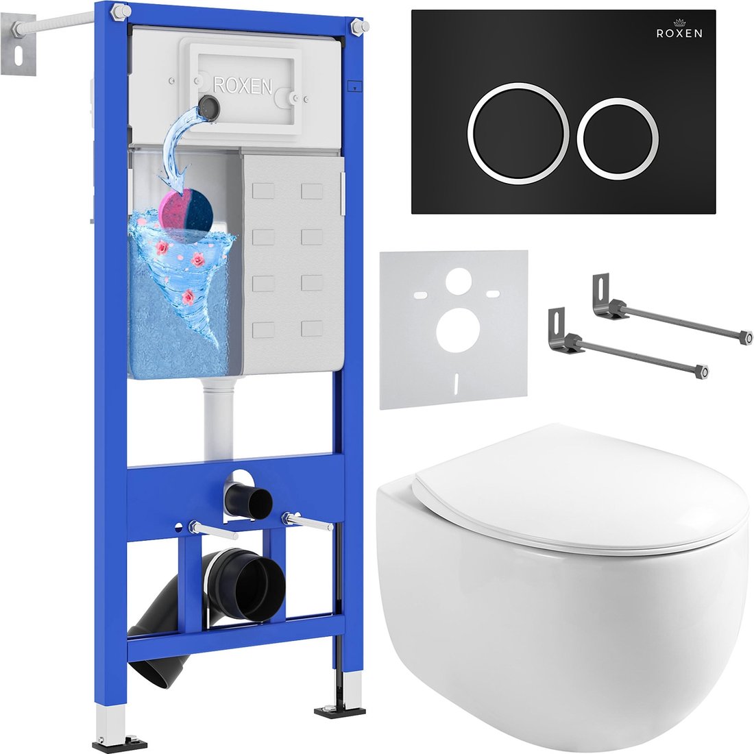 

Унитаз подвесной Roxen Egg в комплекте с инсталляцией StounFix Dual Fresh 6 в 1 964010 (кнопка: черный матовый)