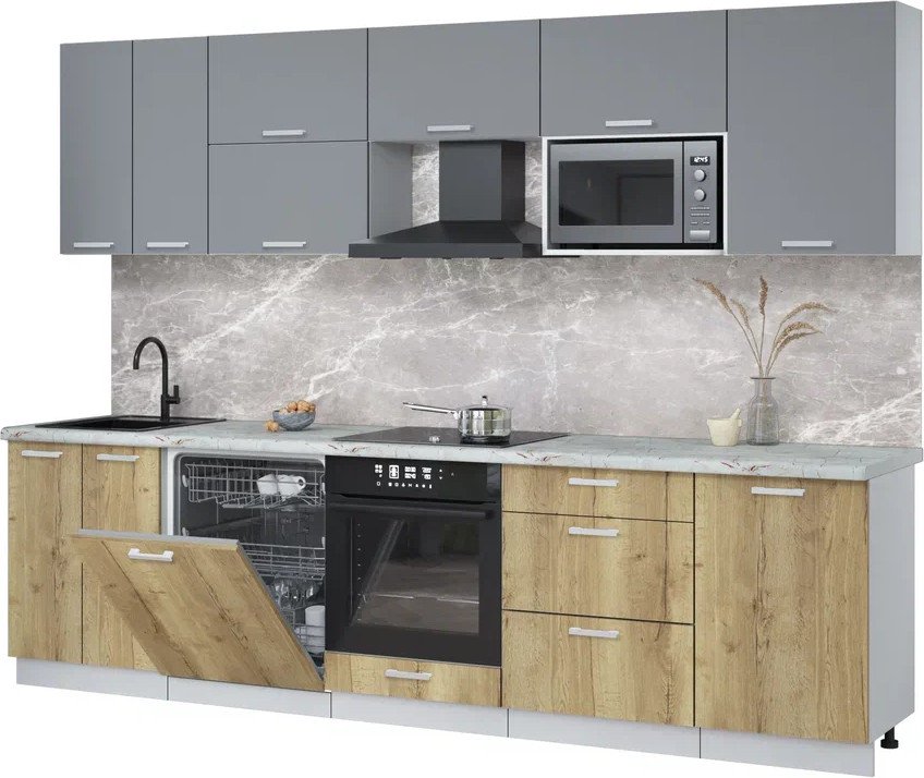 

Готовая кухня Интерлиния Мила Лайт 2.9-ПМ2 (серебро/дуб золотой/серый каспий)