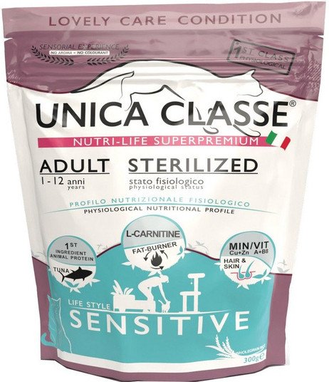 

Сухой корм для кошек Unica Classe Lovely Care Condition Adult Sterilized Sensitive Tuna (для стерилизованных кошек с тунцом) 300 г