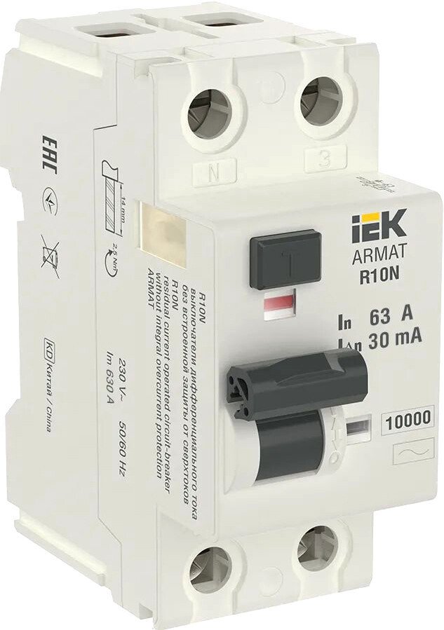 

Дифференциальный автомат IEK 2P 63А 30мА тип AC AR-R10N-2-063C030