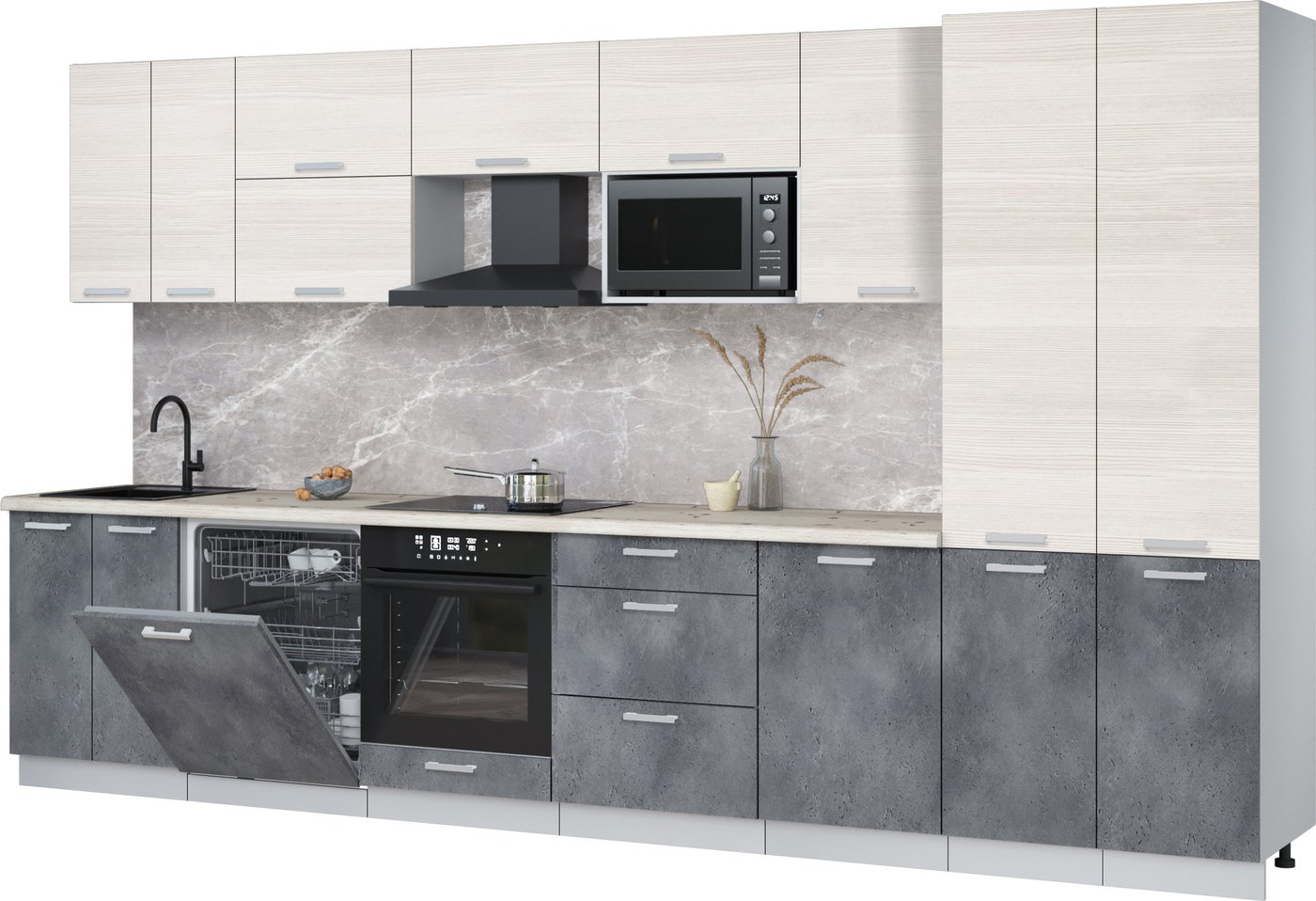 

Готовая кухня Интерлиния Мила Лайт 3.7-ПМ2 (вудлайн кремовый/бетон портленд/бискайская сосна)