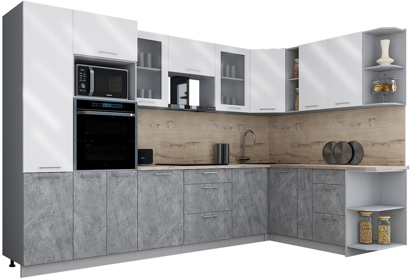 

Готовая кухня Интерлиния Мила Gloss 1.88x3.2 правая (белый глянец/керамика/травертин серый)