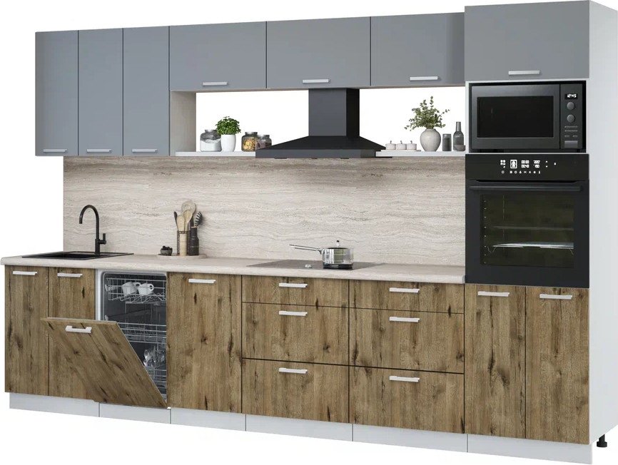 

Готовая кухня Интерлиния Мила Лайт 3.3-ПМ3 (серебро/дуб веллингтон/травертин серый)