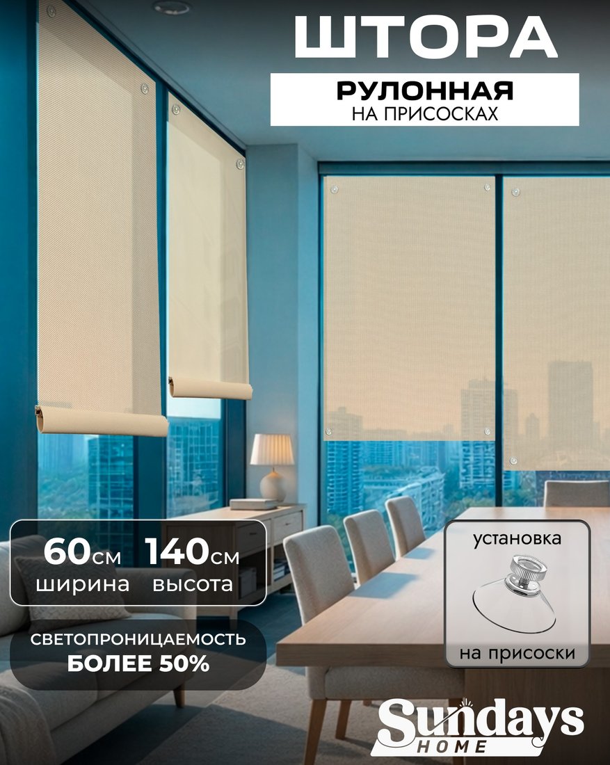 

Рулонные шторы Sundays Home Санскрин 310-02 60х140 (бежевый, на присосках)