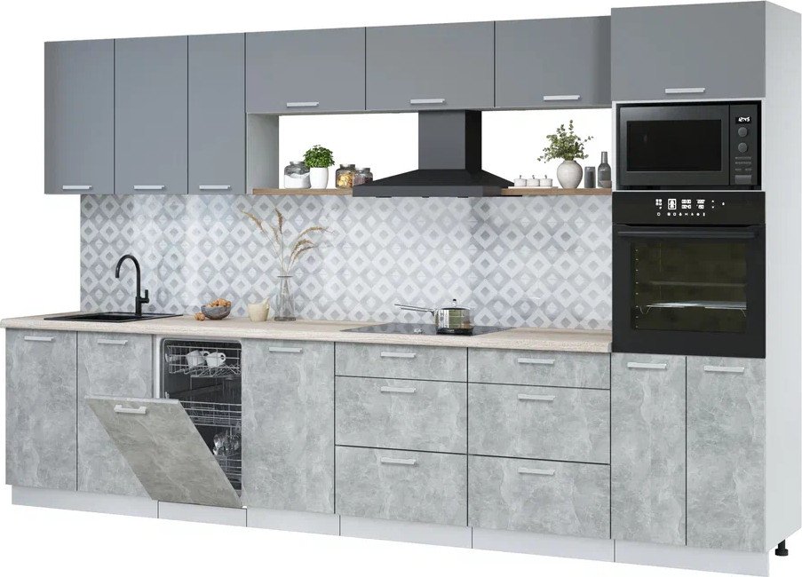 

Готовая кухня Интерлиния Мила Лайт 3.5-ПМ3 (серебро/бетон/травертин серый)