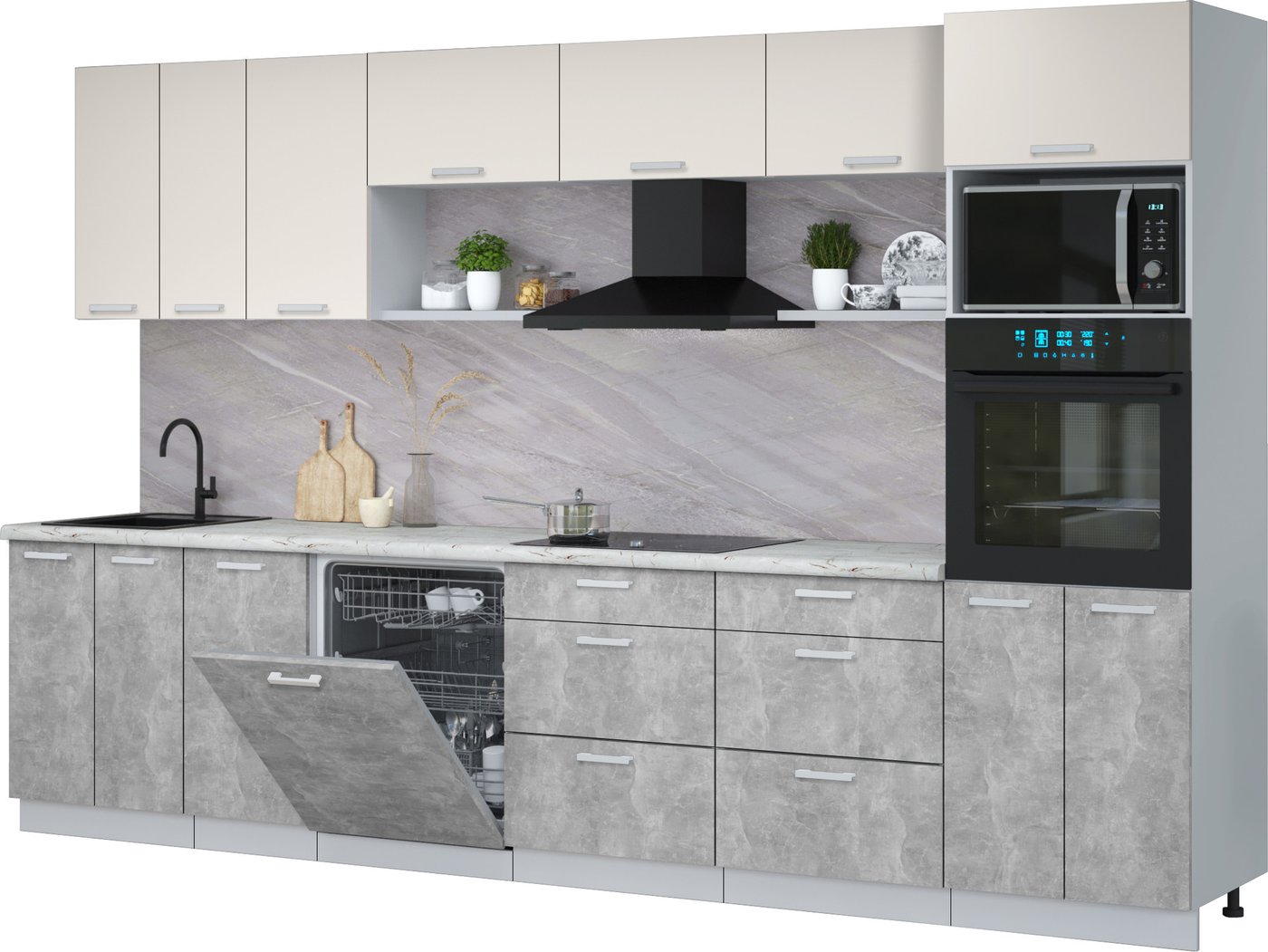 

Готовая кухня Интерлиния Мила Лайт 3.4-ПМ1-2 (персидский жемчуг/бетон/серый каспий)