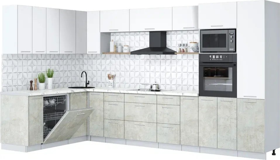 

Готовая кухня Интерлиния Мила Лайт 1.896х3.58 (белый платинум/бетон лайт/белый гранит)