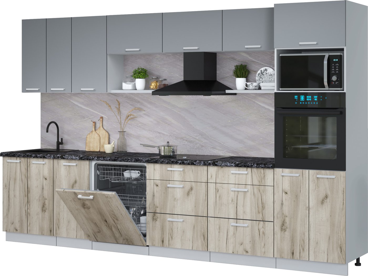 

Готовая кухня Интерлиния Мила Лайт 3.4-ПМ1-2 (серебро/дуб серый/кастилло темный)