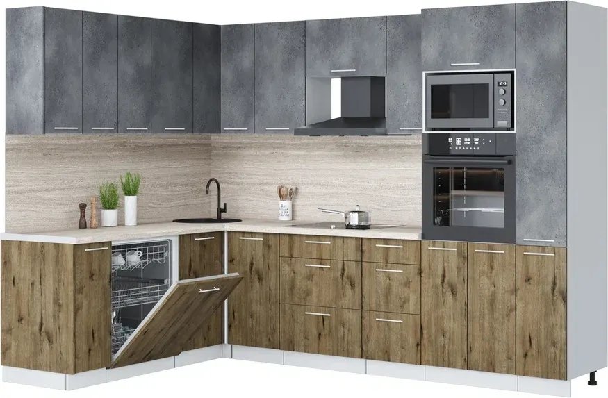 

Готовая кухня Интерлиния Мила Лайт 1.896х2.88 (бетон портленд/дуб веллингтон/травертин серый)