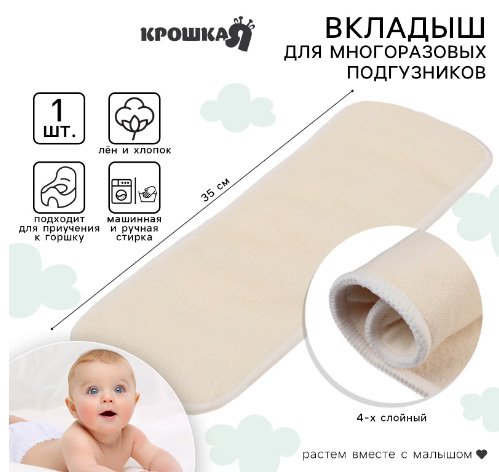 

Вкладыш в многоразовый подгузник Крошка Я 4-х слойный 35 см, лен/хлопок