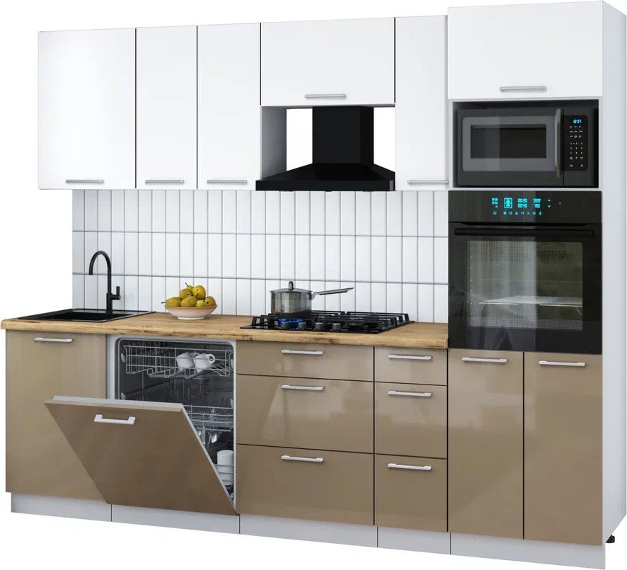 

Готовая кухня Интерлиния Мила Gloss 2.6-ПМ1 (капучино глянец/белый/дуб бунратти)