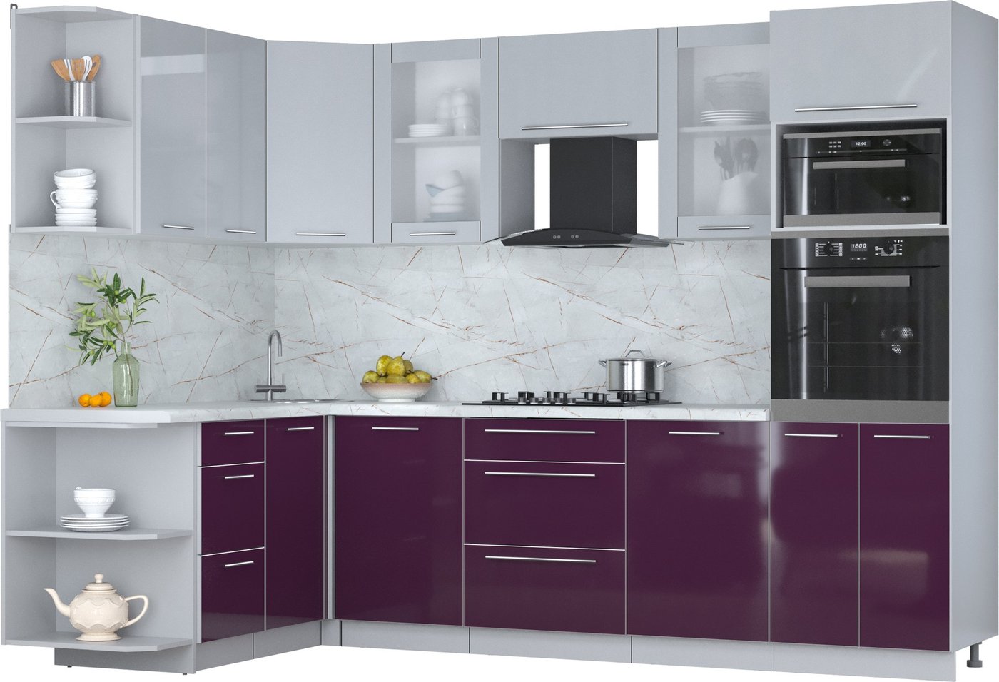 

Готовая кухня Интерлиния Мила Пластик 1.68x2.8 LV (туманный глянец/слива/серый каспий)