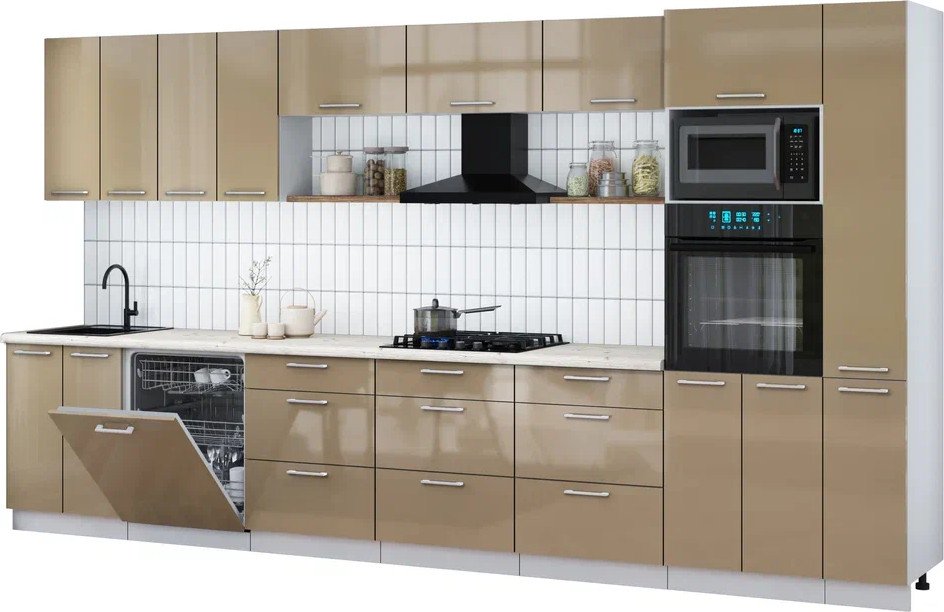 

Готовая кухня Интерлиния Мила Gloss 3.9-ПМ1 (капучино глянец/капучино глянец/бискайская сосна)