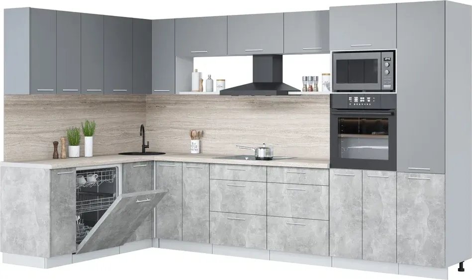 

Готовая кухня Интерлиния Мила Лайт 1.896х3.38 (серебро/бетон/травертин серый)