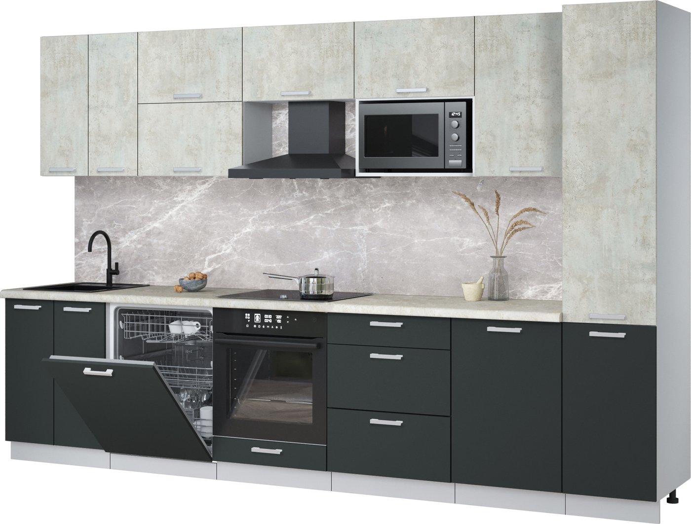 

Готовая кухня Интерлиния Мила Лайт 3.3-ПМ2 (бетон лайт/антрацит/опал светлый)