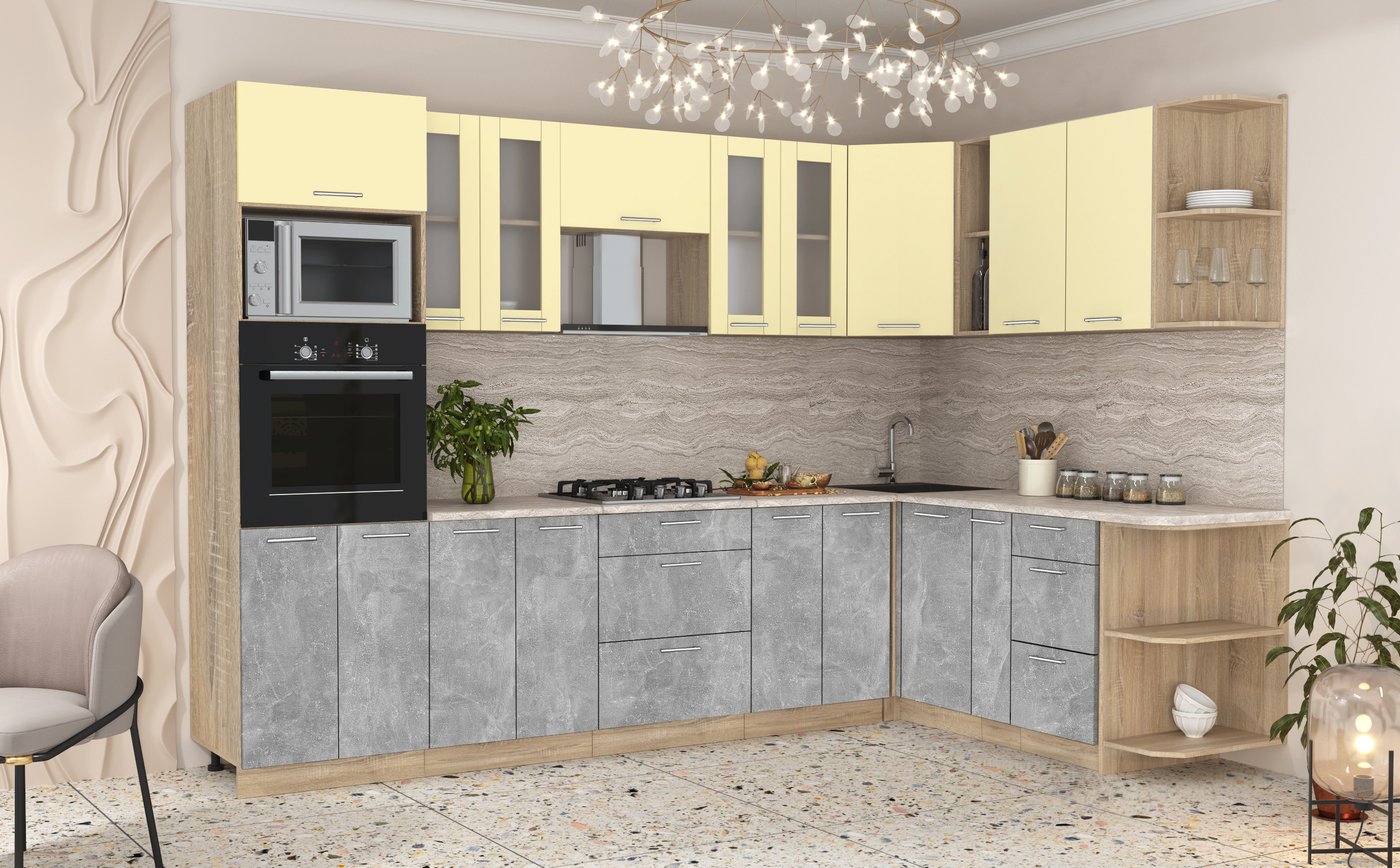 

Готовая кухня Интерлиния Мила 1.88x3.0 правая (ваниль/бетон/травертин)