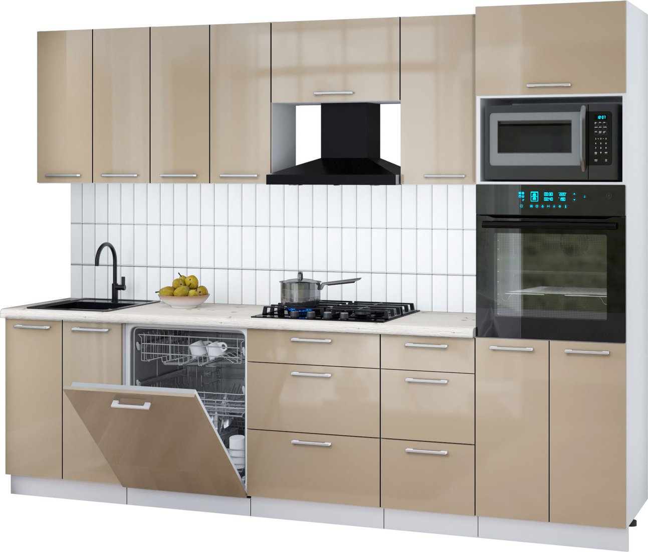 

Готовая кухня Интерлиния Мила Gloss 2.8-ПМ1 (капучино глянец/капучино глянец/бискайская сосна)