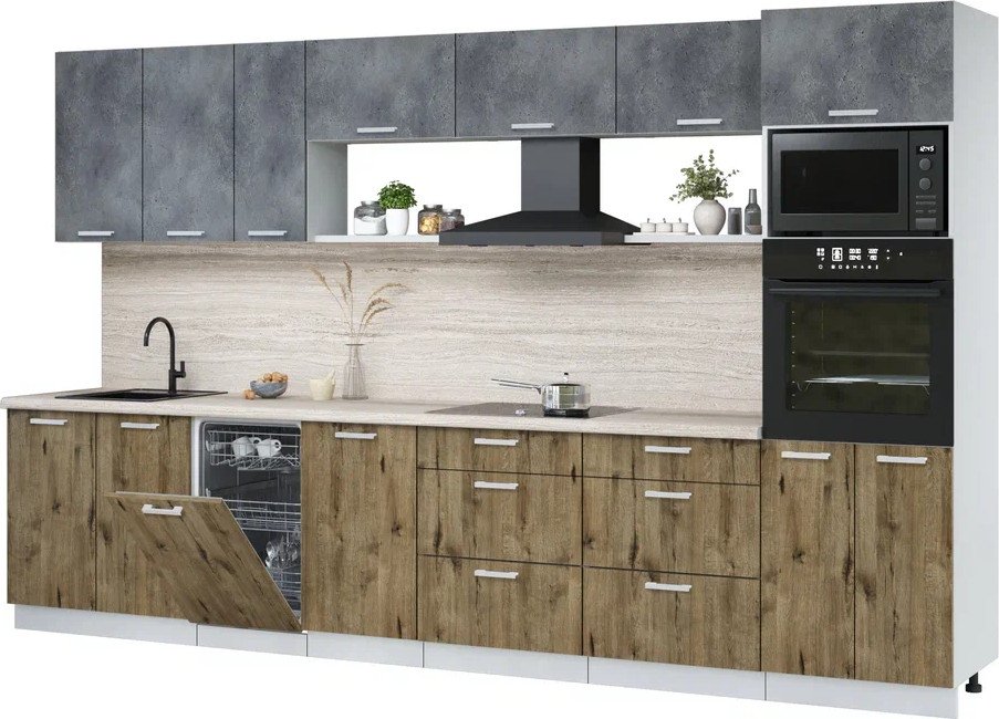 

Готовая кухня Интерлиния Мила Лайт 3.5-ПМ3 (бетон портленд/дуб веллингтон/травертин серый)