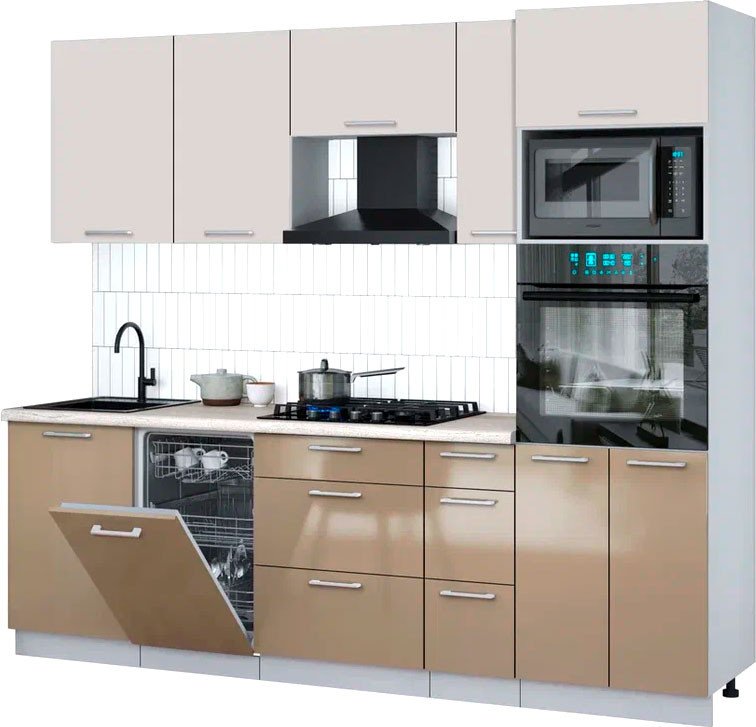 

Готовая кухня Интерлиния Мила Gloss 2.45-ПМ3 (капучино глянец/кашемир/травертин серый)