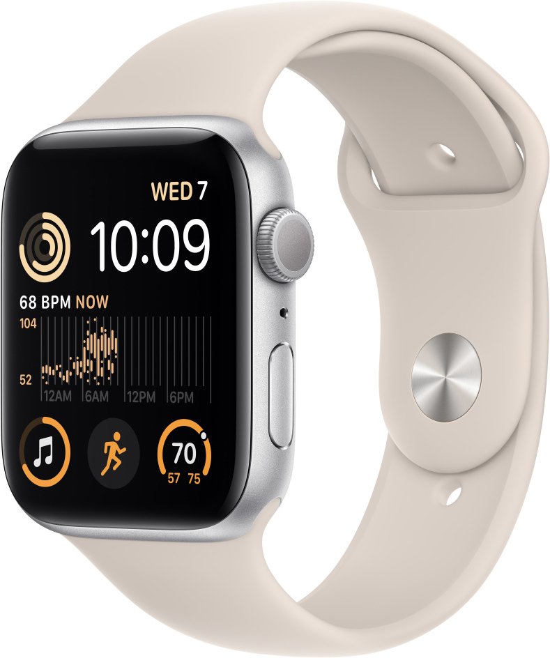 

Умные часы Apple Watch SE 2 44 мм (алюминиевый корпус, серебристый/звездный свет, спортивные силиконовые ремешки S/M + M/L)