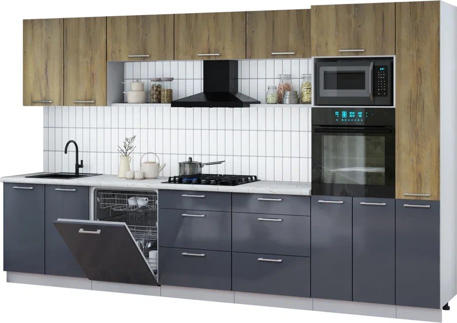 

Готовая кухня Интерлиния Мила Gloss 3.5-ПМ1 (асфальт глянец/дуб вотан/серый каспий)