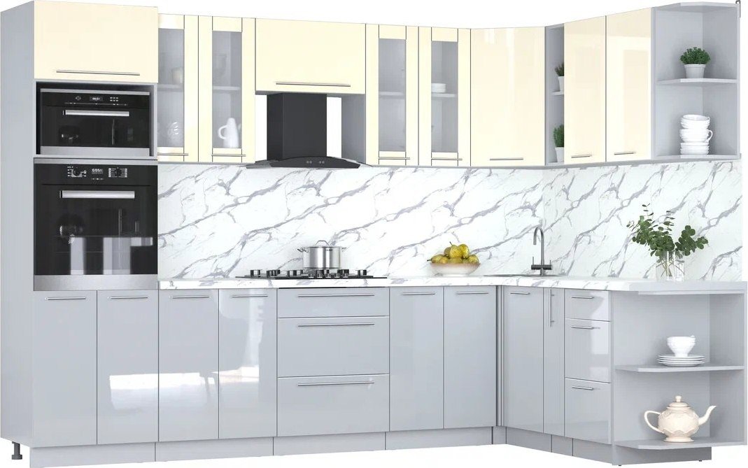 

Готовая кухня Интерлиния Мила Пластик 1.88x3.0 PR (ваниль/туманный глянец/белый гранит)