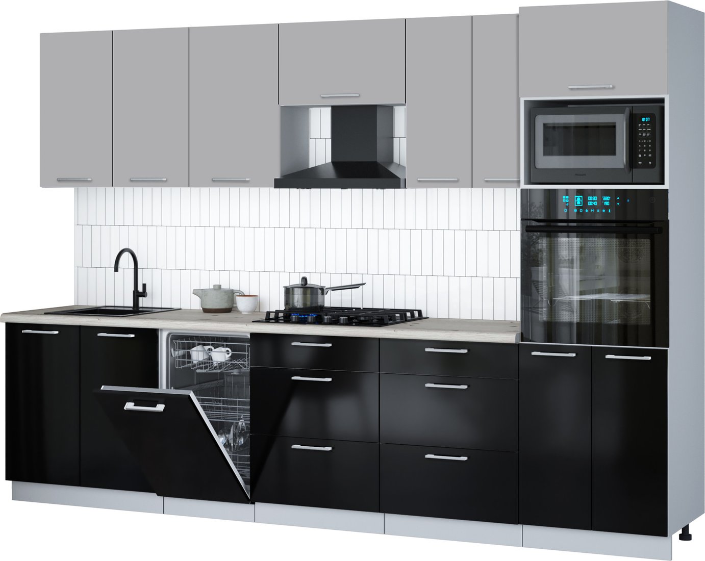 

Готовая кухня Интерлиния Мила Gloss 3.05-ПМ3 (черный глянец/грей/бискайская сосна)