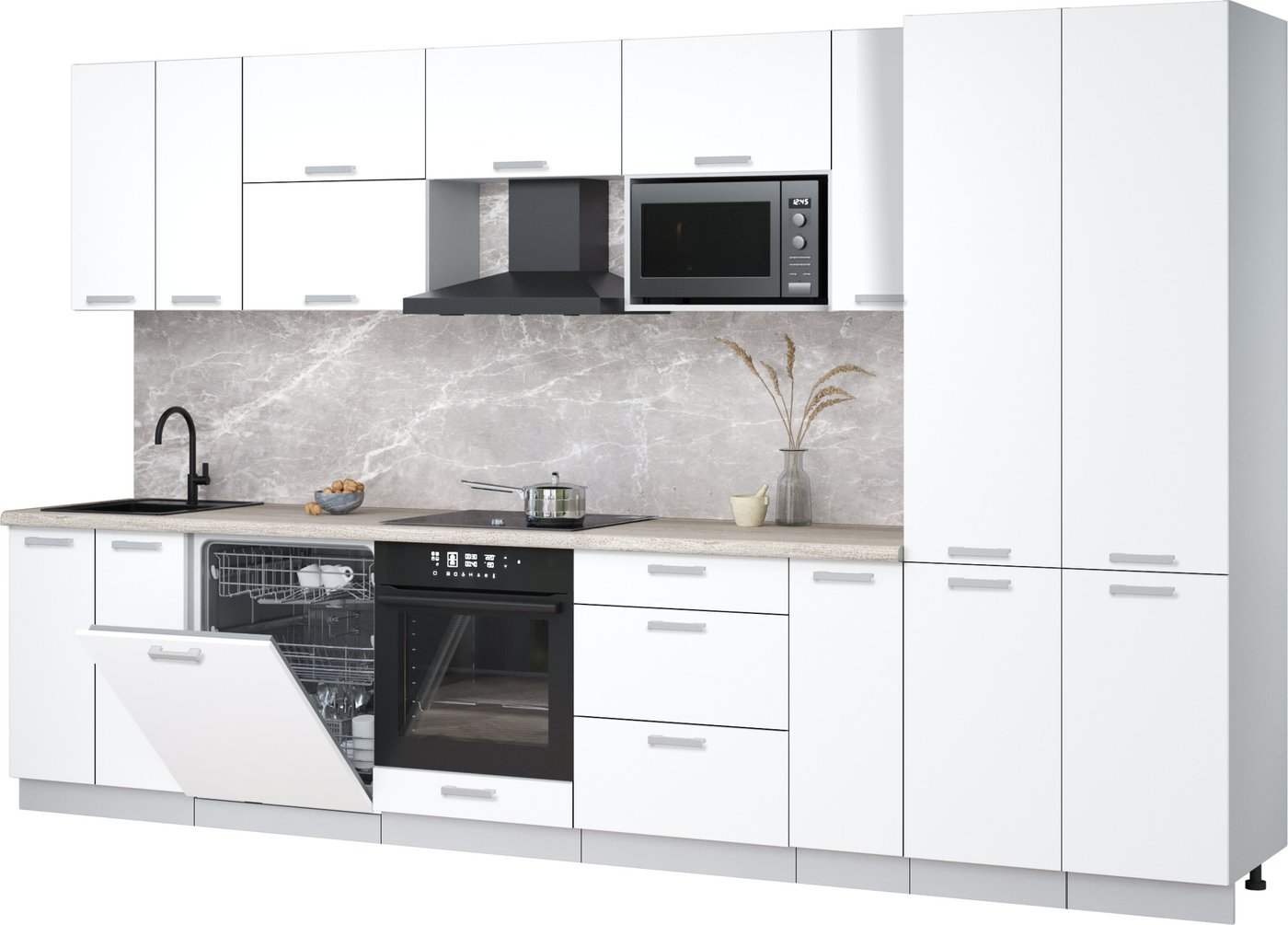 

Готовая кухня Интерлиния Мила Лайт 3.5-ПМ2 (белый платинум/белый платинум/травертин серый)