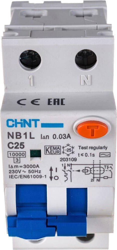 

Дифференциальный автомат Chint NB1L 1P+N C25 30mA AC 10KA (36mm) (R)