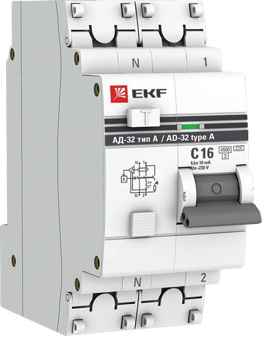 

Дифференциальный автомат EKF PROxima АД-32 1P+N 16А10мА (тип А) DA32-16-10-a-pro