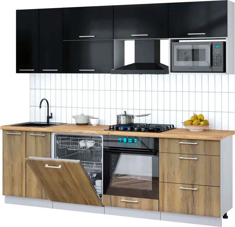 

Готовая кухня Интерлиния Мила Gloss 2.4-ПМ2 (дуб вотан/черный глянец/дуб бунратти)