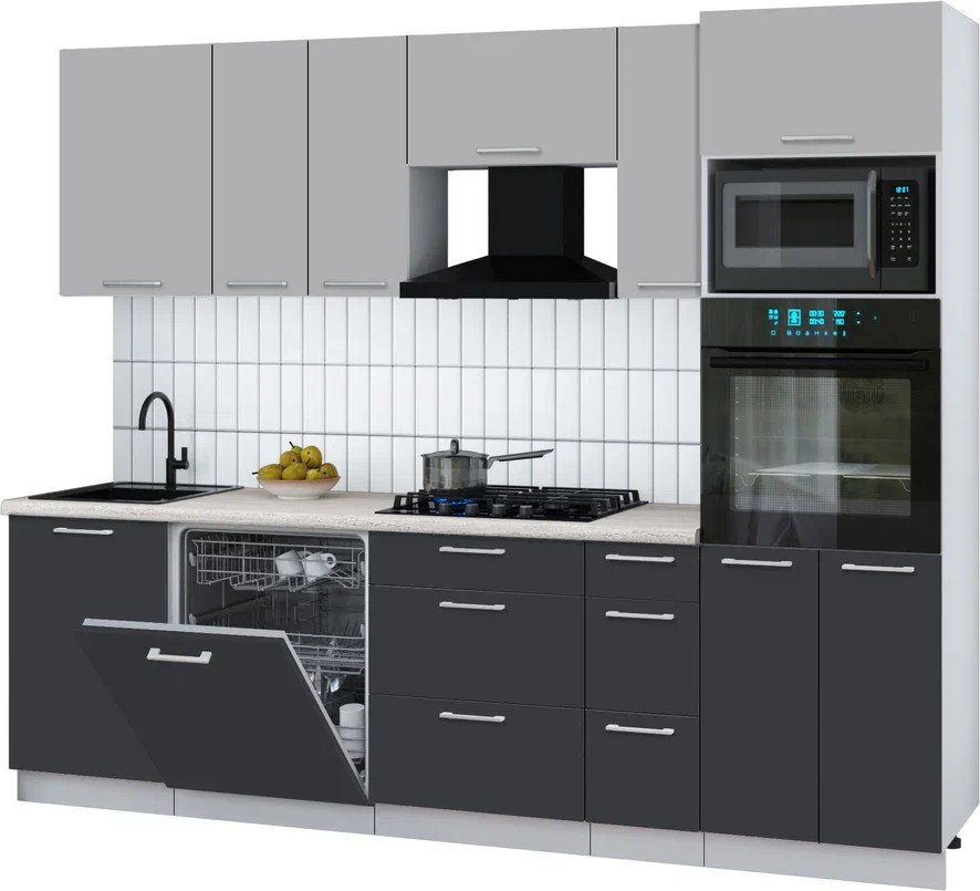 

Готовая кухня Интерлиния Мила Gloss 2.6-ПМ1 (пепел/грей/травертин серый)