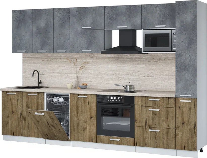 

Готовая кухня Интерлиния Мила Лайт 3.2-ПМ4 (бетон портленд/дуб веллингтон/травертин серый)