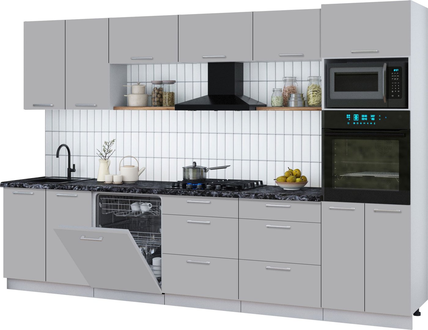 

Готовая кухня Интерлиния Мила Gloss 3.2-ПМ1 (грей/грей/кастилло темный)