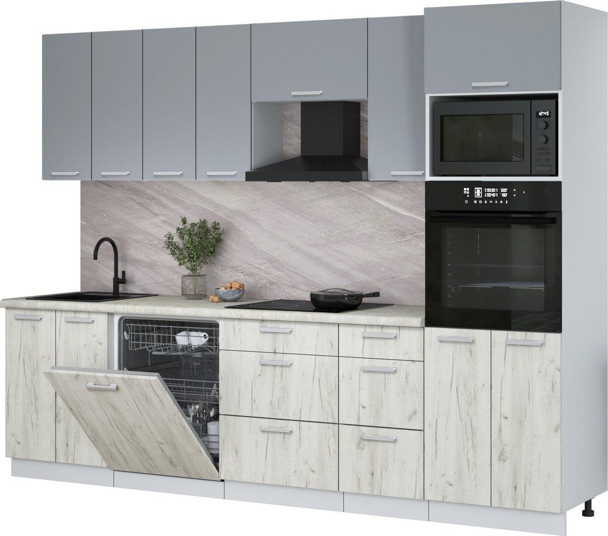 

Готовая кухня Интерлиния Мила Лайт 2.8-ПМ1 (серебро/дуб белый/опал светлый)