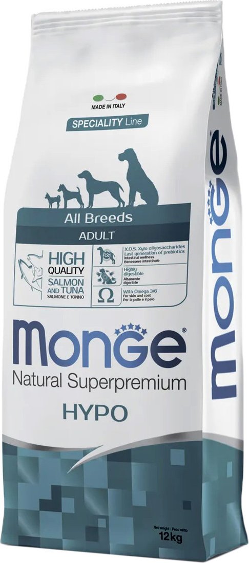 

Сухой корм для собак Monge All Breeds Hypo Salmon and Tuna гипоаллергенный для всех пород с лососем и тунцом 12 кг