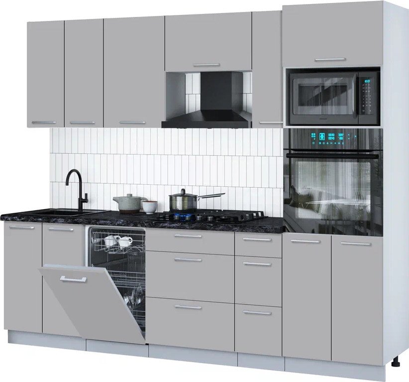 

Готовая кухня Интерлиния Мила Gloss 2.55-ПМ3 (грей/грей/кастилло темный)