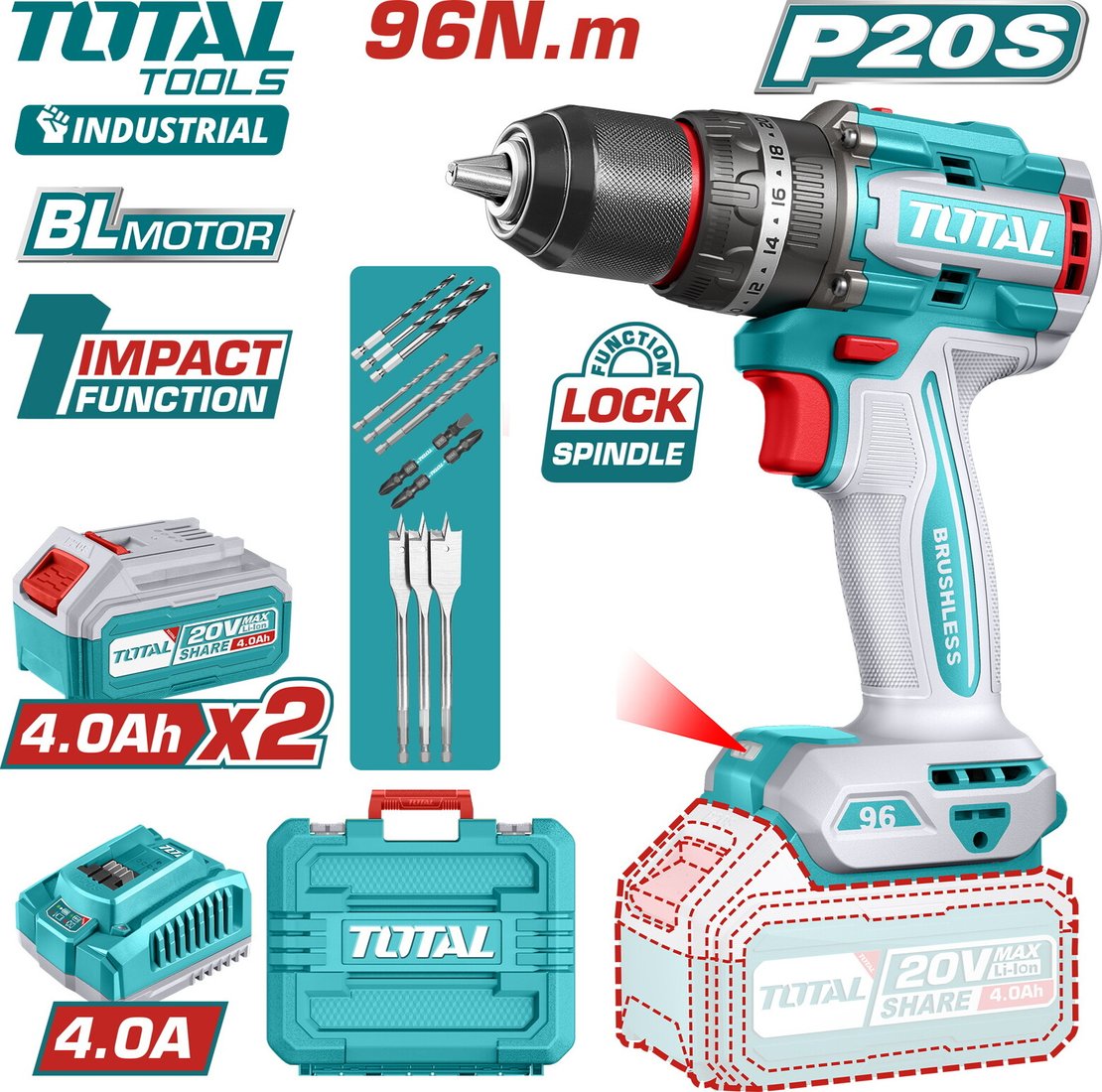 

Ударная дрель-шуруповерт Total TIDLI20968 (с 2-мя АКБ, кейс)