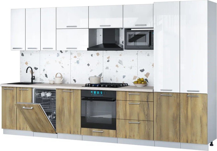 

Готовая кухня Интерлиния Мила Gloss 3.5-ПМ4 (дуб вотан/белый глянец/травертин серый)