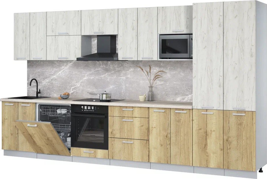 

Готовая кухня Интерлиния Мила Лайт 3.8-ПМ2 (дуб белый/дуб золотой/травертин серый)