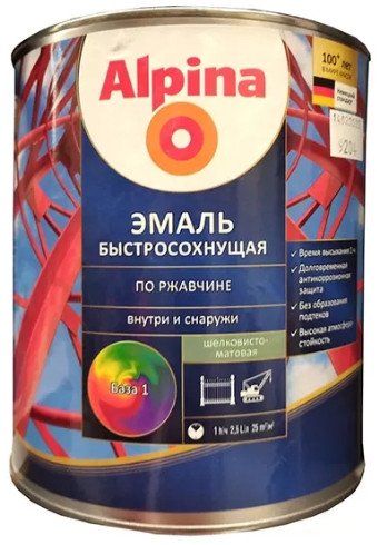 

Грунт-эмаль Alpina Быстросохнущая по ржавчине. База 1. 0.75 л (шелковисто-матовый белый)