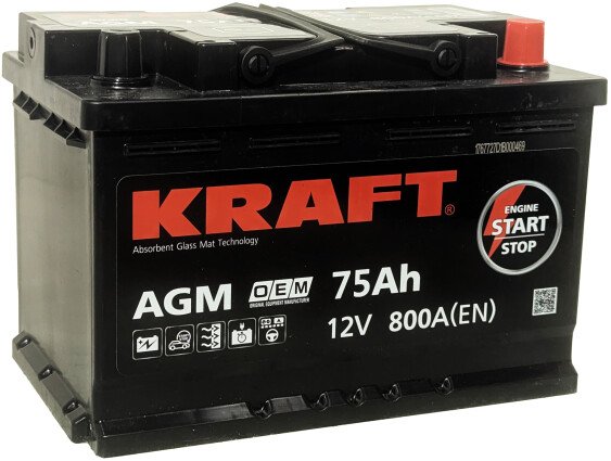 

Автомобильный аккумулятор KRAFT AGM R+ (75 А·ч)
