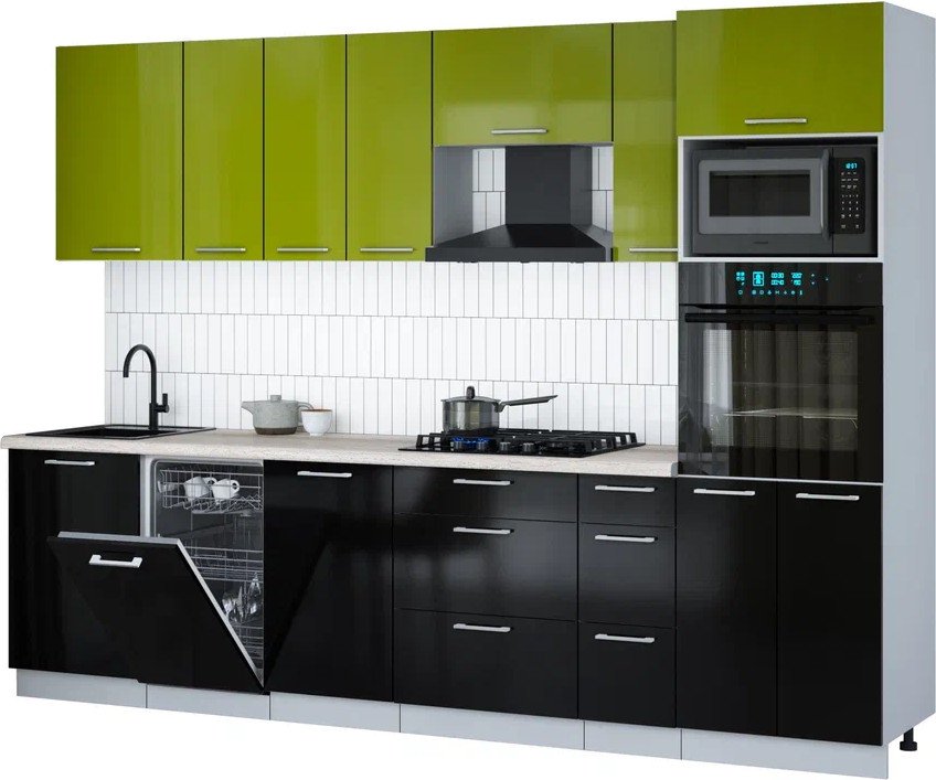 

Готовая кухня Интерлиния Мила Gloss 2.9-ПМ3 (черный глянец/яблоко глянец/травертин серый)