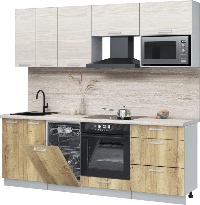 

Готовая кухня Интерлиния Мила Лайт 2.25-ПМ4 (вудлайн кремовый/дуб золотой/травертин серый)