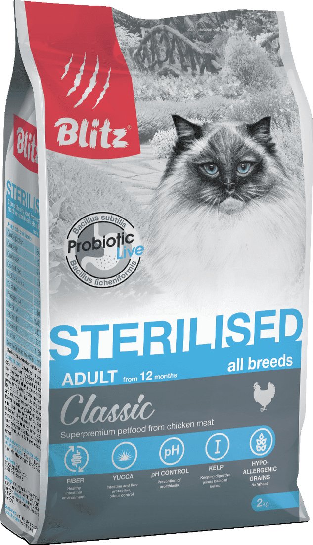 

Сухой корм для кошек Blitz Classic Chicken Adult Sterilised All Breeds (для стерилизованных с курицей) 2 кг