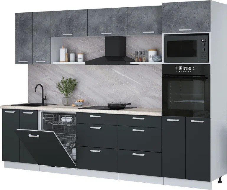 

Готовая кухня Интерлиния Мила Лайт 3.0-ПМ1 (бетон портленд/антрацит/травертин серый)