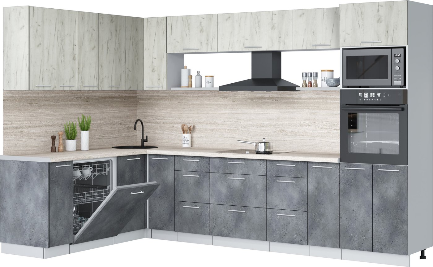 

Готовая кухня Интерлиния Мила Лайт 1.896х3.18 (дуб белый/бетон портленд/травертин серый)