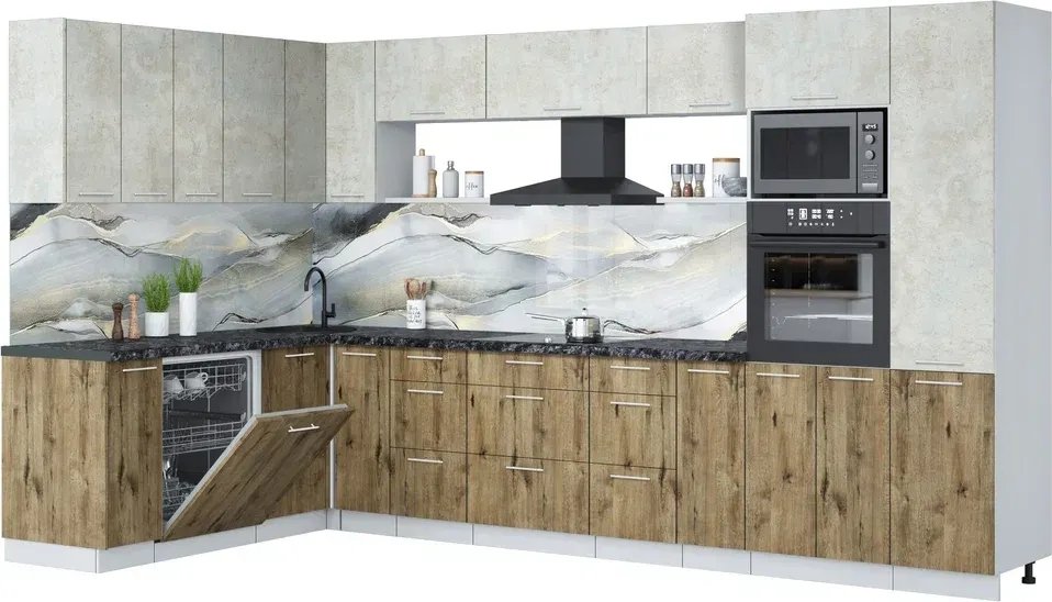 

Готовая кухня Интерлиния Мила Лайт 1.896х3.58 (бетон лайт/дуб веллингтон/кастилло темный)