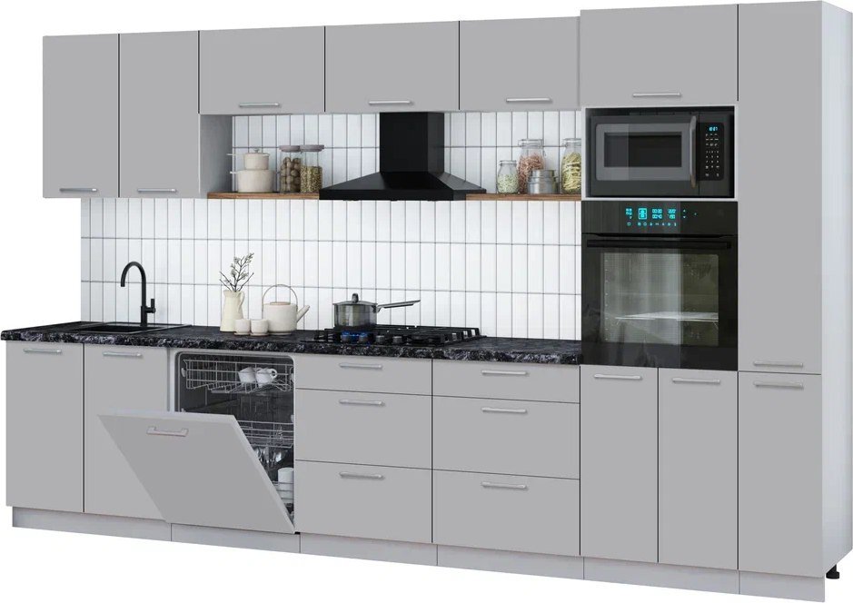 

Готовая кухня Интерлиния Мила Gloss 3.5-ПМ1 (грей/грей/кастилло темный)